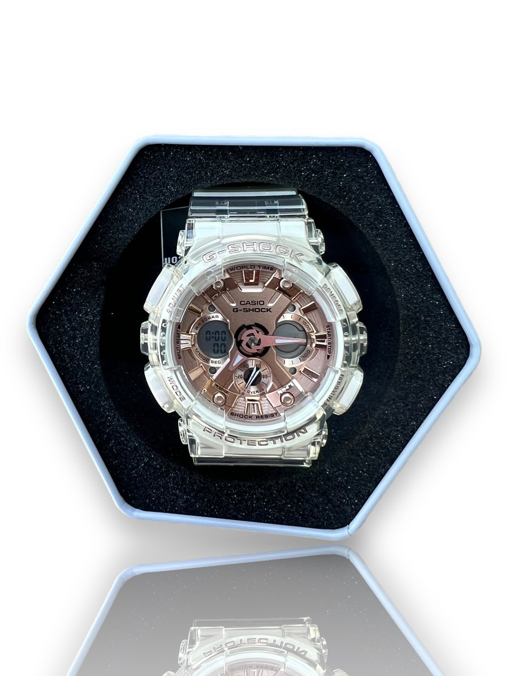 G-Shock GMAS120SR Transparent Rose Gold Watch..